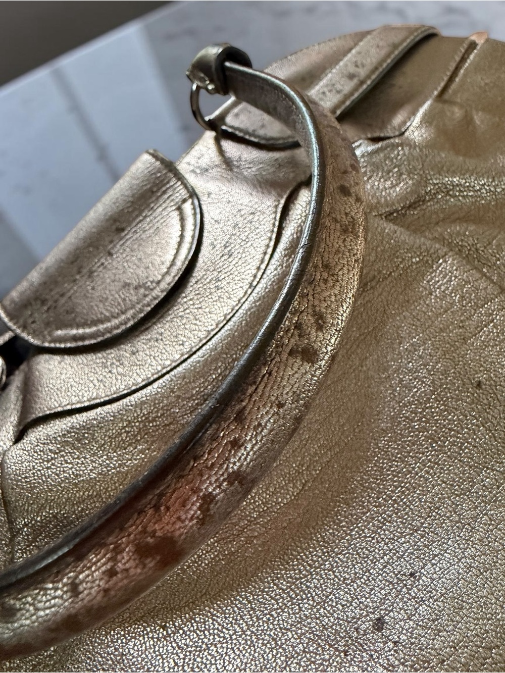 Salvatore Ferragamo Gancini Metallic Pewter Leather Satchel w/COA AS IS Project - Picture 6 of 8